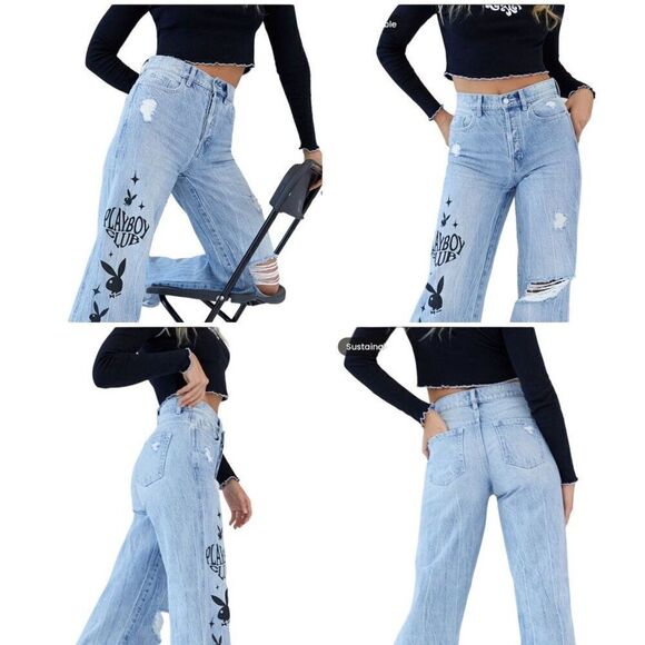 Playboy By PacSun Eco Super Distressed High Waisted Baggy Jeans 23 Streetwear - Picture 2 of 12
